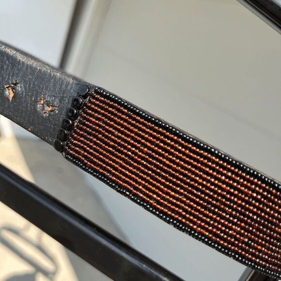 Vintage 1970s Full-grain Leather Bead Embellished Belt Unisex Solid Brass Buckle - Picture 3 of 10